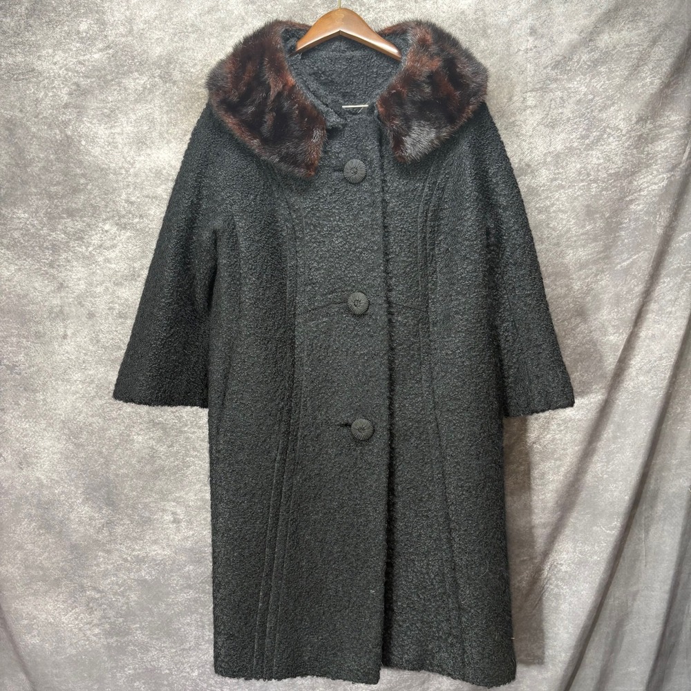 Vintage Pierre Crillon Curly Lamb Wool Mink Fur Long Overcoat Black Union Made